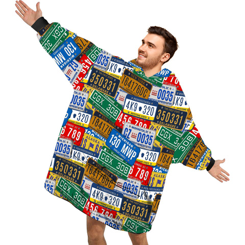 Image of Personalized Blanket Hoodies, Retro License Plate USA Map Oversized Blanket Hoodie