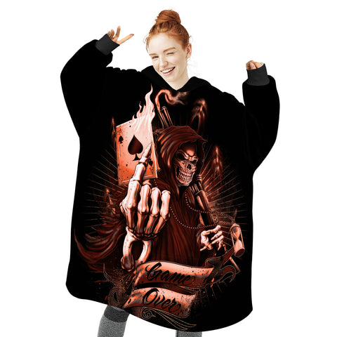 Image of Personalized Blanket Hoodies, Skull Grim Reaper Game Over Oversized Blanket Hoodie