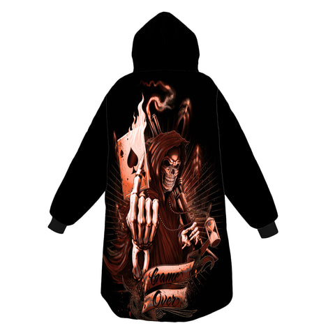 Image of Personalized Blanket Hoodies, Skull Grim Reaper Game Over Oversized Blanket Hoodie