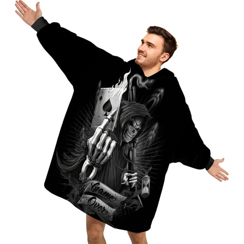 Image of Personalized Blanket Hoodies, Skull Grim Reaper Game Over Oversized Blanket Hoodie