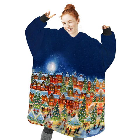 Image of Personalized Blanket Hoodies, Christmas Lights Town Scene Oversized Blanket Hoodie