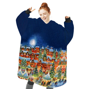 Personalized Blanket Hoodies, Christmas Lights Town Scene Oversized Blanket Hoodie