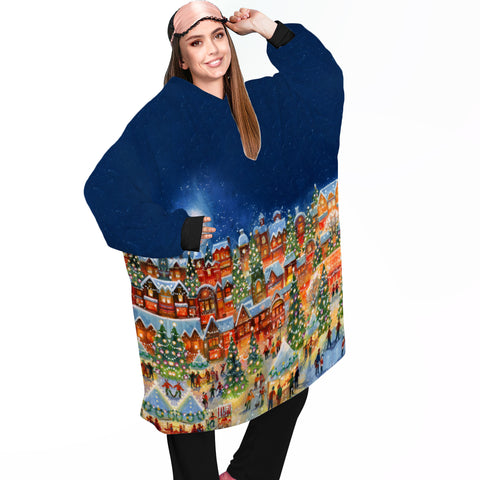 Image of Personalized Blanket Hoodies, Christmas Lights Town Scene Oversized Blanket Hoodie