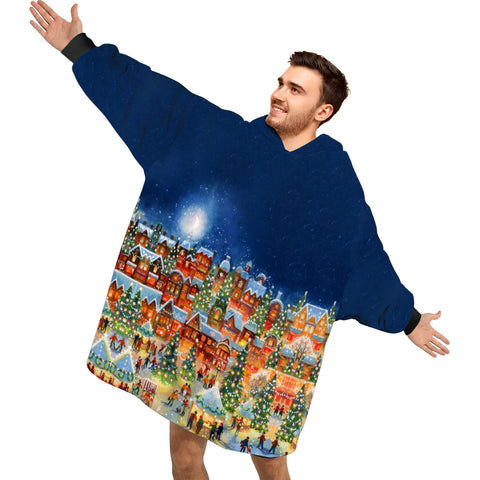 Image of Personalized Blanket Hoodies, Christmas Lights Town Scene Oversized Blanket Hoodie