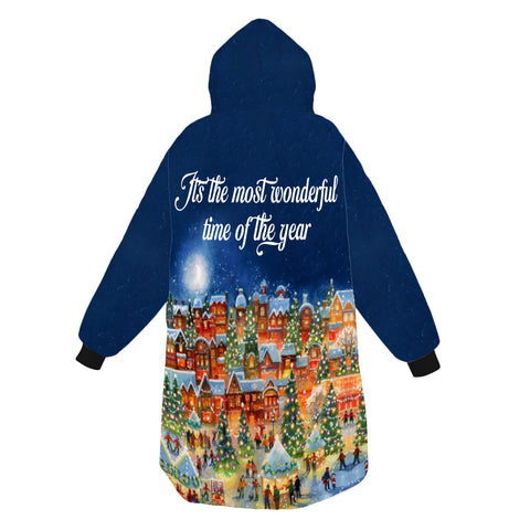 Image of Personalized Blanket Hoodies, Christmas Lights Town Scene Oversized Blanket Hoodie