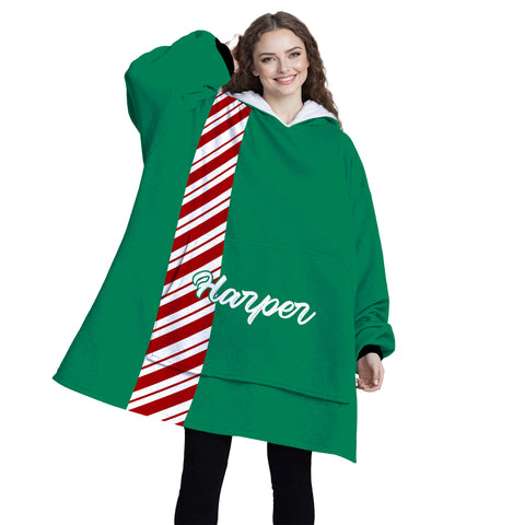 Image of Personalized Blanket Hoodies, Green Christmas Candy Cane Stripe Color Block Oversized Blanket Hoodie