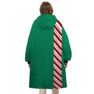 Personalized Blanket Hoodies, Green Christmas Candy Cane Stripe Color Block Oversized Blanket Hoodie