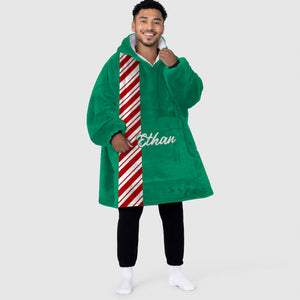 Personalized Blanket Hoodies, Green Christmas Candy Cane Stripe Color Block Oversized Blanket Hoodie