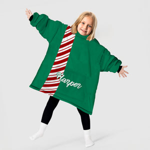 Personalized Blanket Hoodies, Green Christmas Candy Cane Stripe Color Block Oversized Blanket Hoodie