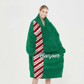 Personalized Blanket Hoodies, Green Christmas Red and White Striped Color Block Oversized Blanket Hoodie