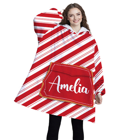 Image of Personalized Blanket Hoodies, Red And White Candy Cane Stripe Christmas Oversized Blanket Hoodie