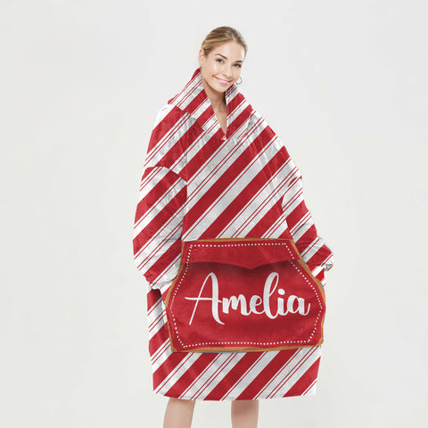 Image of Personalized Blanket Hoodies, Red And White Candy Cane Stripe Christmas Oversized Blanket Hoodie