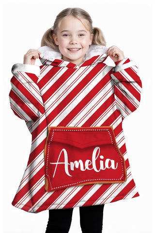 Image of Personalized Blanket Hoodies, Red And White Candy Cane Stripe Christmas Oversized Blanket Hoodie