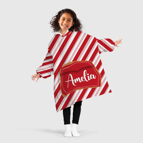 Image of Personalized Blanket Hoodies, Red And White Candy Cane Stripe Christmas Oversized Blanket Hoodie