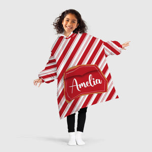 Personalized Blanket Hoodies, Red And White Candy Cane Stripe Christmas Oversized Blanket Hoodie