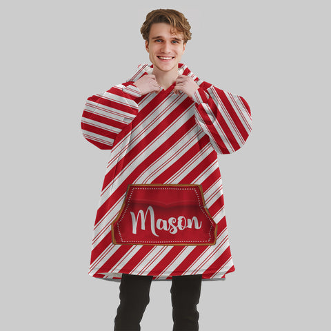 Image of Personalized Blanket Hoodies, Red And White Candy Cane Stripe Christmas Oversized Blanket Hoodie