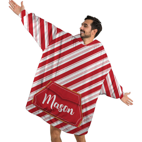 Image of Personalized Blanket Hoodies, Red And White Candy Cane Stripe Christmas Oversized Blanket Hoodie