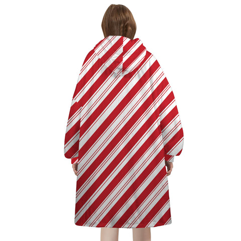 Image of Personalized Blanket Hoodies, Red And White Candy Cane Stripe Christmas Oversized Blanket Hoodie