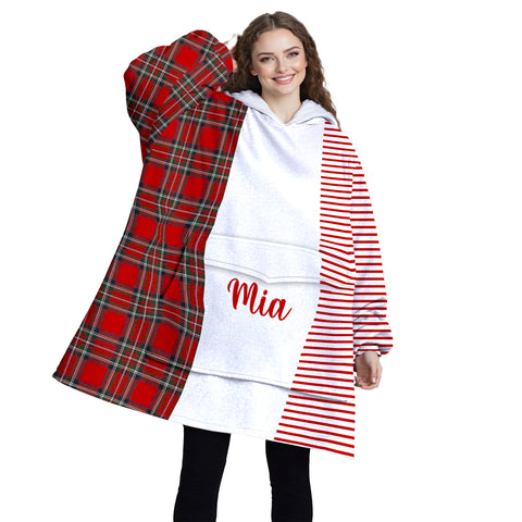 Image of Personalized Blanket Hoodies, Red Striped Plaid Christmas Color Block Oversized Blanket Hoodie