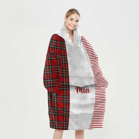 Image of Personalized Blanket Hoodies, Red Striped Plaid Christmas Color Block Oversized Blanket Hoodie