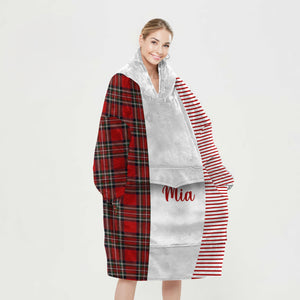 Personalized Blanket Hoodies, Red Striped Plaid Christmas Color Block Oversized Blanket Hoodie