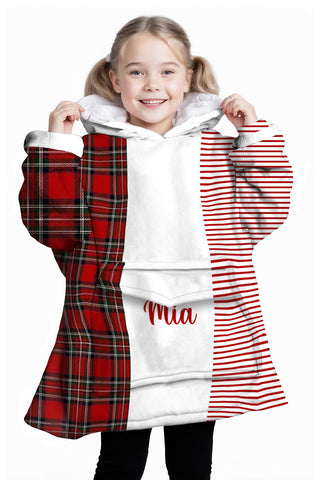 Image of Personalized Blanket Hoodies, Red Striped Plaid Christmas Color Block Oversized Blanket Hoodie