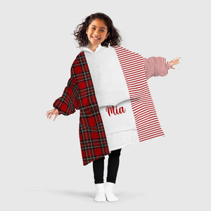 Personalized Blanket Hoodies, Red Striped Plaid Christmas Color Block Oversized Blanket Hoodie