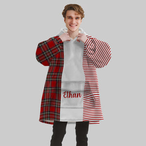 Personalized Blanket Hoodies, Red Striped Plaid Christmas Color Block Oversized Blanket Hoodie