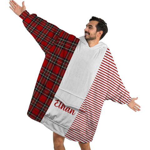 Image of Personalized Blanket Hoodies, Red Striped Plaid Christmas Color Block Oversized Blanket Hoodie