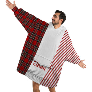 Personalized Blanket Hoodies, Red Striped Plaid Christmas Color Block Oversized Blanket Hoodie