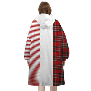 Personalized Blanket Hoodies, Red Striped Plaid Christmas Color Block Oversized Blanket Hoodie