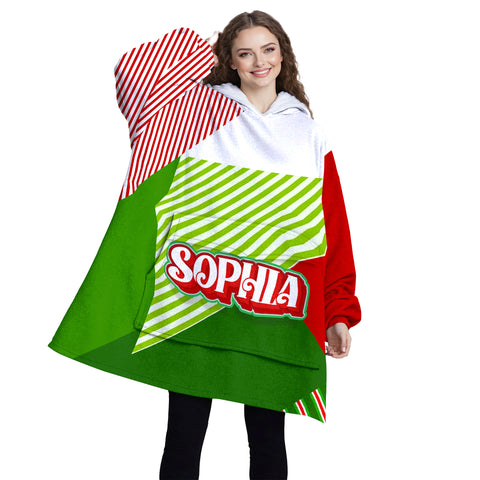 Image of Personalized Blanket Hoodies, Christmas Red Green Striped Color Block Oversized Blanket Hoodie