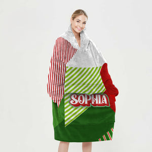 Personalized Blanket Hoodies, Christmas Red Green Striped Color Block Oversized Blanket Hoodie