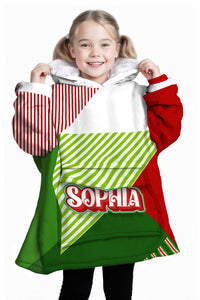 Personalized Blanket Hoodies, Christmas Red Green Striped Color Block Oversized Blanket Hoodie