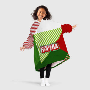 Personalized Blanket Hoodies, Christmas Red Green Striped Color Block Oversized Blanket Hoodie