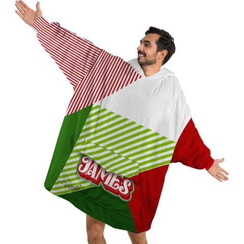 Image of Personalized Blanket Hoodies, Christmas Red Green Striped Color Block Oversized Blanket Hoodie