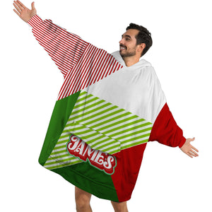 Personalized Blanket Hoodies, Christmas Red Green Striped Color Block Oversized Blanket Hoodie