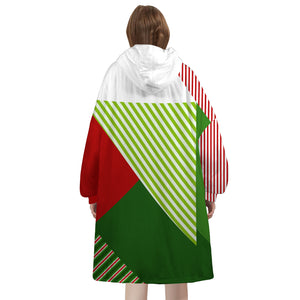 Personalized Blanket Hoodies, Christmas Red Green Striped Color Block Oversized Blanket Hoodie