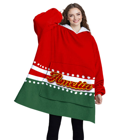 Image of Personalized Blanket Hoodies, Christmas Red Green Color Block Oversized Blanket Hoodie