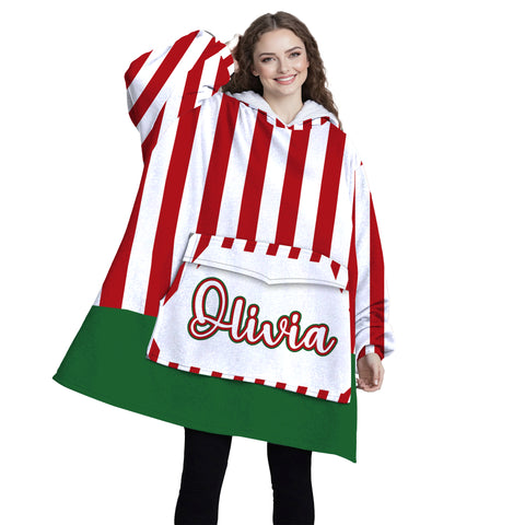 Image of Personalized Blanket Hoodies, Christmas Green Red And White Stripes Oversized Blanket Hoodie