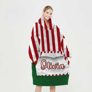 Personalized Blanket Hoodies, Christmas Green Red And White Stripes Oversized Blanket Hoodie