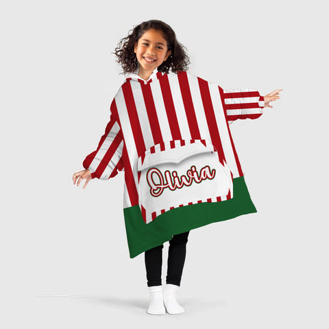 Image of Personalized Blanket Hoodies, Christmas Green Red And White Stripes Oversized Blanket Hoodie