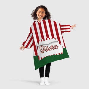 Personalized Blanket Hoodies, Christmas Green Red And White Stripes Oversized Blanket Hoodie