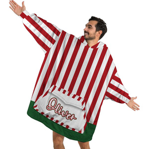 Personalized Blanket Hoodies, Christmas Green Red And White Stripes Oversized Blanket Hoodie