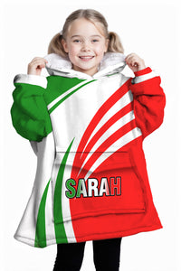 Personalized Blanket Hoodies, Green White Red Italian Flag Color Block Oversized Blanket Hoodie