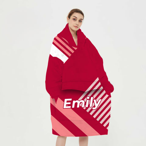 Image of Personalized Blanket Hoodies, Red and White Striped Color Block Oversized Blanket Hoodie