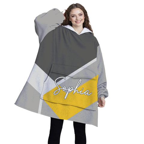 Image of Personalized Blanket Hoodies, Gray And Yellow Geometric Men Color Block Oversized Blanket Hoodie