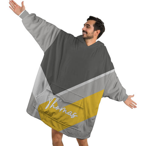 Image of Personalized Blanket Hoodies, Gray And Yellow Geometric Men Color Block Oversized Blanket Hoodie