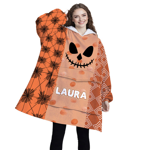 Image of Personalized Blanket Hoodies, Happy Halloween Pattern Orange Pumpkin Face Oversized Blanket Hoodie