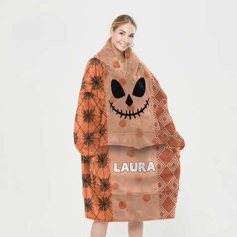 Image of Personalized Blanket Hoodies, Happy Halloween Pattern Orange Pumpkin Face Oversized Blanket Hoodie